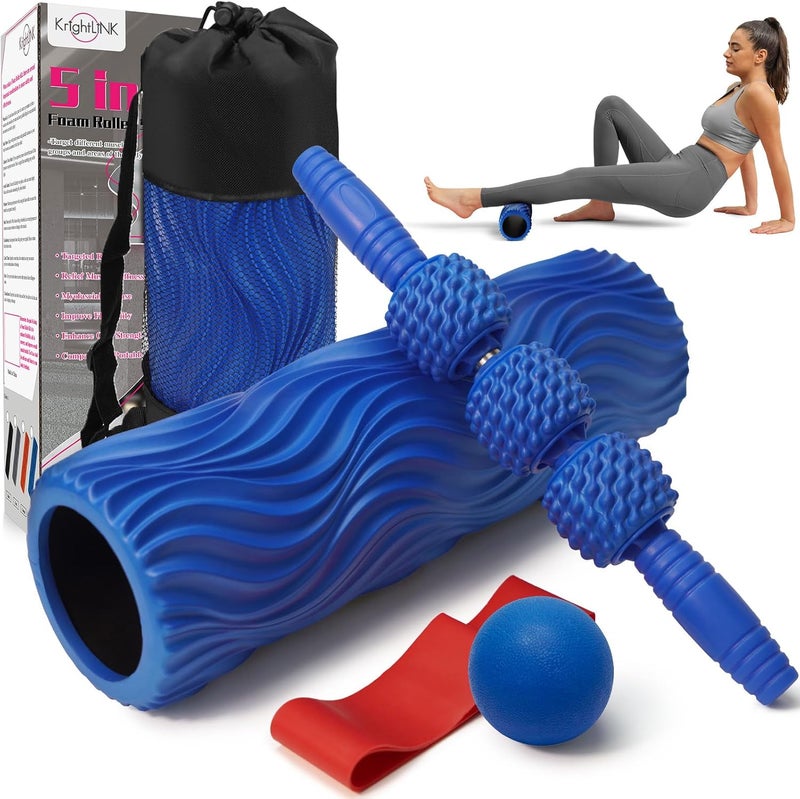 Krightlink 5-in-1 Foam Roller Set, Massage Roller Stick, Massage Ball, Resistance Band for Deep Muscle Massage, Trigger Point Release, Pilates, Yoga (Blue-Wave) - Image 1
